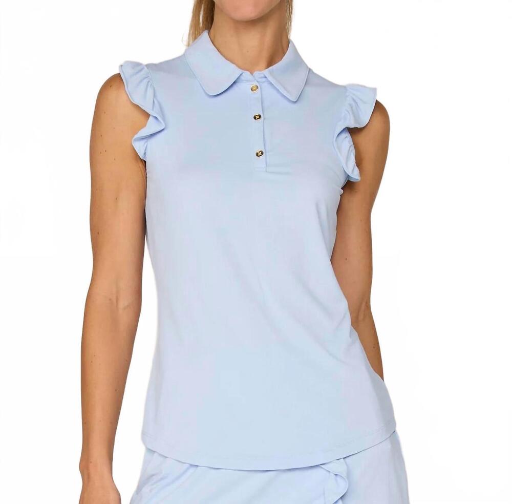 NEW G LIFESTYLE sleeveless ruffle top with gold buttons in sky blue